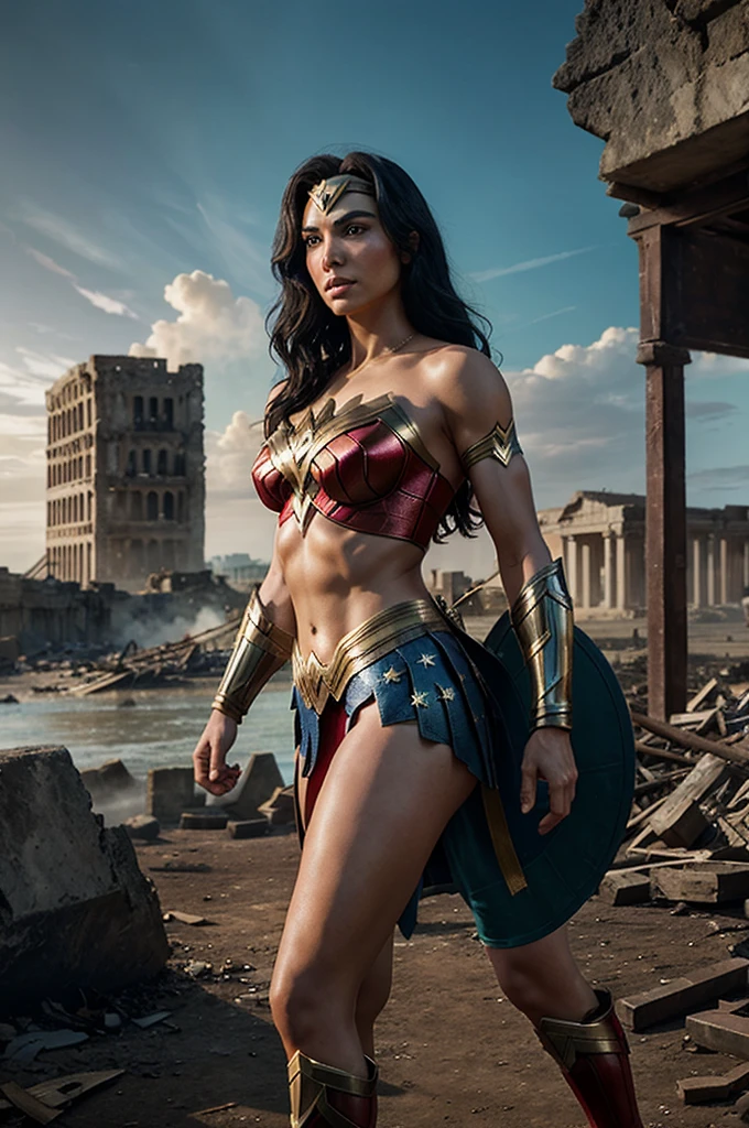 Themyscira in the aftermath of the battle, with the Amazons rebuilding their city and Wonder Woman standing proud, having protected her home and ensuring its safety once again.
