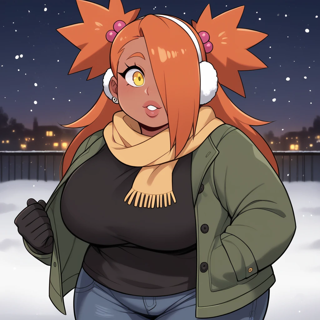 score_9, score_8_up, score_7_up, score_6_up, score_5_up, score_4_up, source_anime, rating_safe, BREAK chouchou akimichi,1girl,dark-skinned female,curvy,orange hair,hair over one eye,two side up,long hair,yellow eyes,hair bobbles,jewelry,earrings,big breats,night,brown winter ear muffs,yellow scarf,green winter jacket,white winter shirt,black winter jeans,sunglasess,winter background,winter gloves