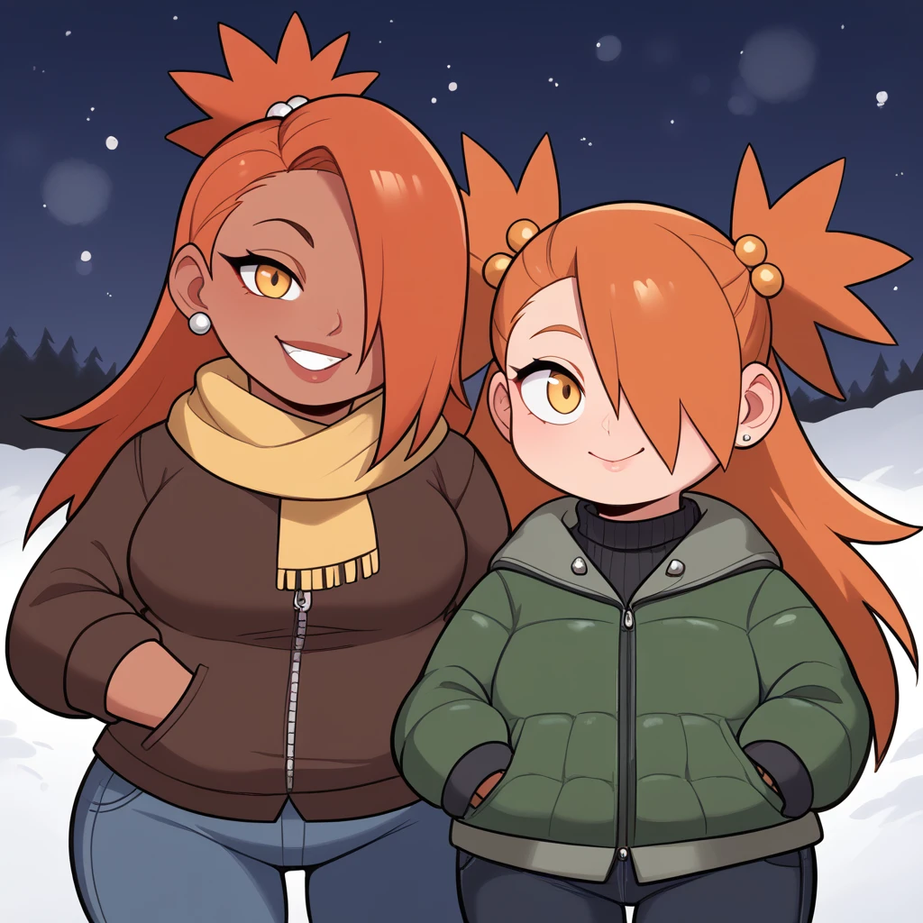 score_9, score_8_up, score_7_up, score_6_up, score_5_up, score_4_up, source_anime, rating_safe, BREAK chouchou akimichi,1girl,dark-skinned female,curvy,orange hair,hair over one eye,two side up,long hair,yellow eyes,hair bobbles,jewelry,earrings,big breats,night,brown winter ear muffs,yellow scarf,green winter jacket,white winter shirt,black winter jeans,sunglasess,winter background,winter gloves