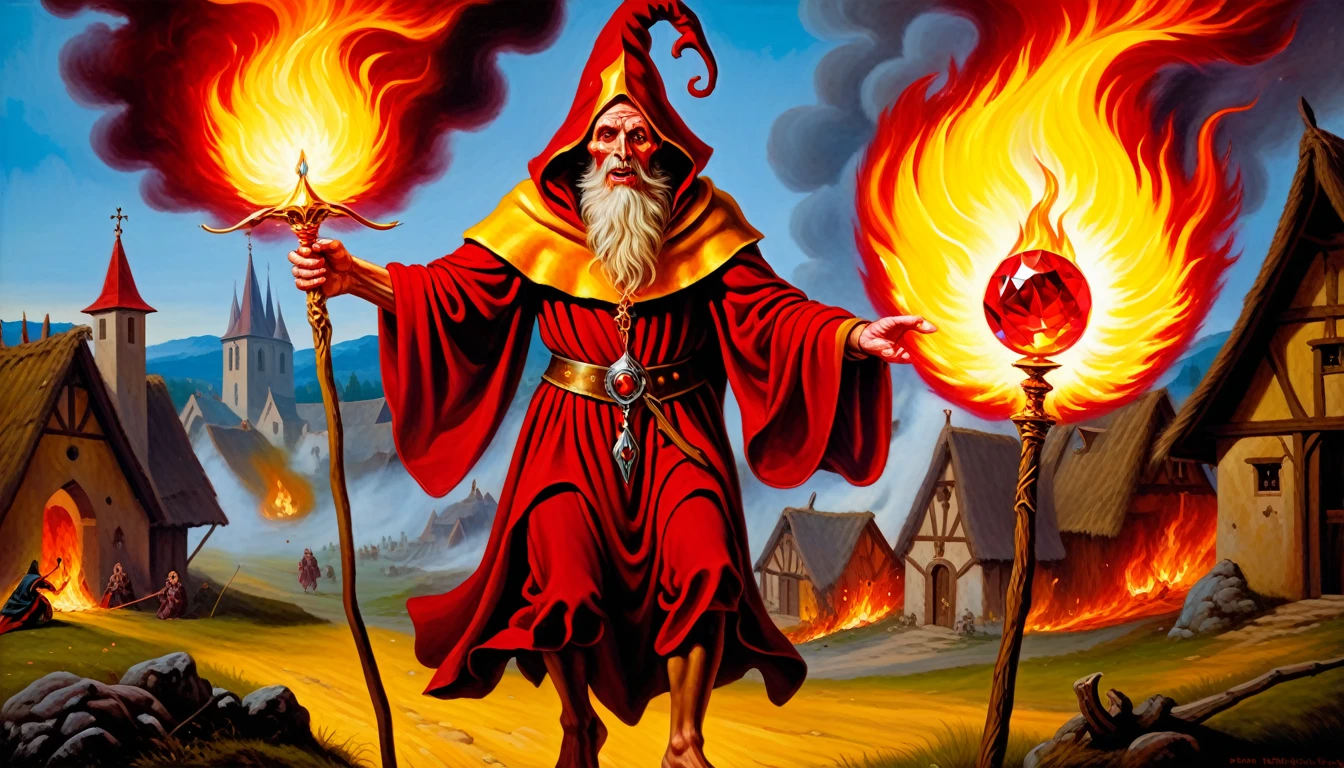 Highly detailed, UHD, 32k, 80s medieval fantasy, oil on canvas painting. An evil cowled wizard clad in red and yellow, holding a magical fire staff with a red crystal, casting fire orbs at a village, with villagers in running amidst the fires