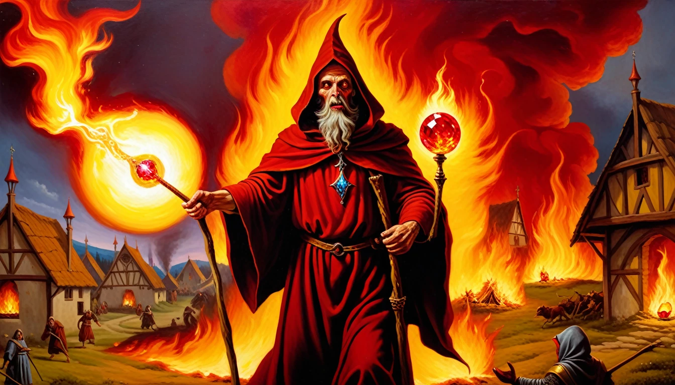 Highly detailed, UHD, 32k, 80s medieval fantasy, oil on canvas painting. An evil cowled wizard clad in red and yellow, holding a magical fire staff with a red crystal, casting fire orbs at a village, with villagers in running amidst the fires