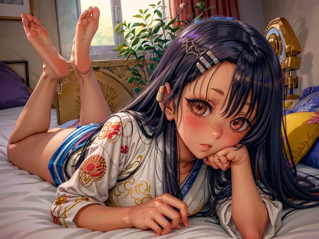 1girl, solo, a cute anime girl laying on her stomach on bed, feet up in the air, wearing a japanese sailor , nagatoro, beautiful detailed eyes, beautiful detailed lips, extremely detailed face and features, long eyelashes, detailed folds and creases in uniform, intricate background details,detailed fabric textures