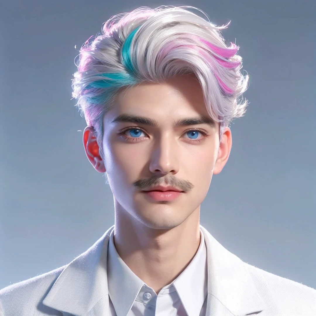 Handsome boy, (white hair highlighted with pink, turquoise, and purple), light blue eyes, with mustache, wearing white formal