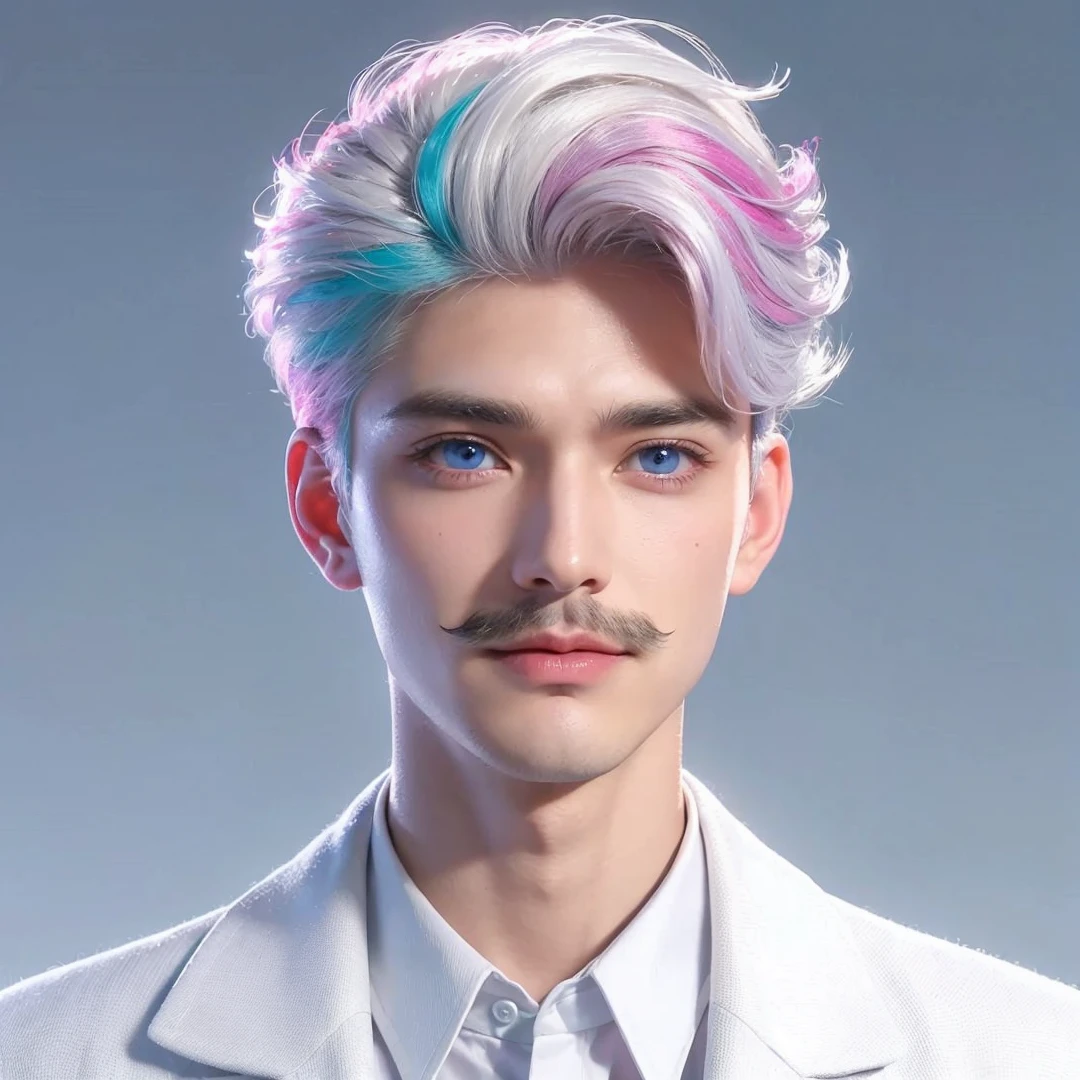 Handsome boy, (white hair highlighted with pink, turquoise, and purple), light blue eyes, with mustache, wearing white formal