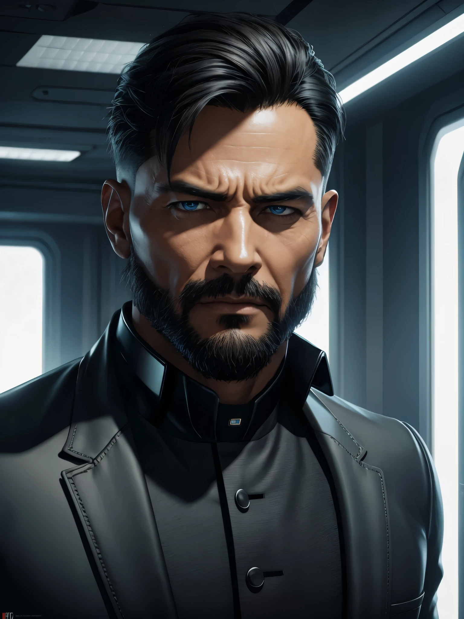 Create a detailed description of a male Arasaka executive in his forties, set in the cyberpunk universe. Describe him with a sleek and corporate appearance, wearing a sophisticated suit with discreet cybernetic enhancements like ocular implants or neural interfaces. Capture his serious and authoritative facial expression, and depict the futuristic executive office environment where he conducts high-level meetings. (best quality,4k,8k,highres,masterpiece:1.2),ultra-detailed,(realistic,photorealistic,photo-realistic:1.37),portrait,concept art,dramatic lighting,vivid colors,intricate details, (Avoid deformed and poorly drawn eyes)