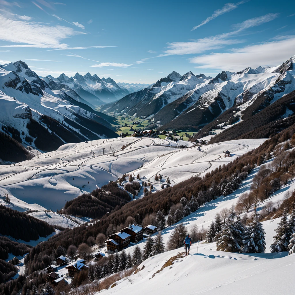 Capture the timeless beauty and grandeur of the Swiss Alps with a captivating photoshoot of a model posed against this majestic backdrop. Highlight the stunning snow-capped peaks, verdant meadows, and charming alpine villages. Position the model in ways that showcase the breathtaking landscape—whether it's standing on a mountain ledge, walking through a picturesque village, or framed by the dramatic mountain scenery. Aim to create an image that seamlessly blends the elegance of the model with the awe-inspiring natural beauty of the Swiss Alps