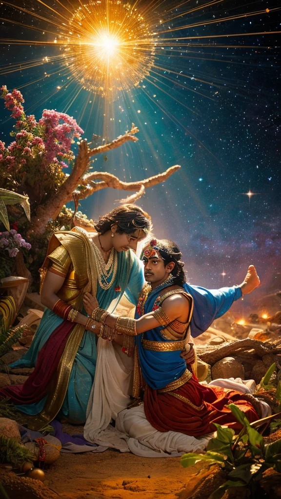 "Capture the profound moment from the Mahabharata where Lord Krishna reveals his Viswaroop (universal) form to Arjuna on the battlefield of Kurukshetra. Describe the awe-inspiring scene as Arjuna witnesses the cosmic splendor of Krishna, encompassing the entire universe within himself. Detail Arjuna's reaction as he humbly kneels before Krishna in reverence, overwhelmed by the divine manifestation. Highlight the emotional intensity and spiritual significance of this iconic encounter between mortal and deity amidst the chaos of war."