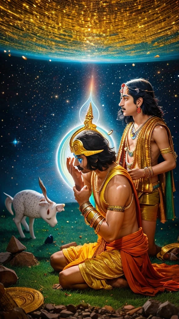"Capture the profound moment from the Mahabharata where Lord Krishna reveals his Viswaroop (universal) form to Arjuna on the battlefield of Kurukshetra. Describe the awe-inspiring scene as Arjuna witnesses the cosmic splendor of Krishna, encompassing the entire universe within himself. Detail Arjuna's reaction as he humbly kneels before Krishna in reverence, overwhelmed by the divine manifestation. Highlight the emotional intensity and spiritual significance of this iconic encounter between mortal and deity amidst the chaos of war."