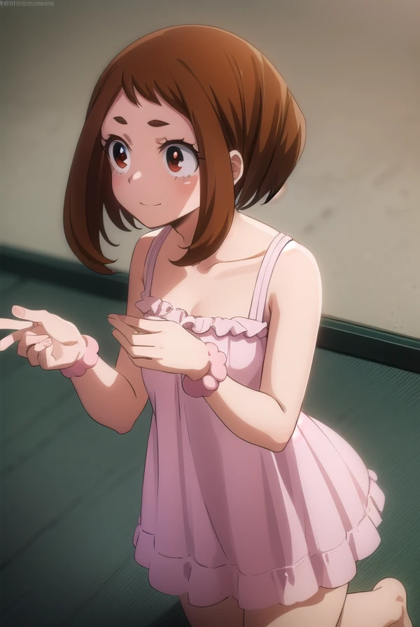 ochakouraraka, ochako uraraka, (uraraka ochako:1.5), (brown eyes:1.5), brown hair, short hair, blush, blush stickers, smile,
BREAK bare shoulders,pink dress,pink pajamas,bare shoulders,medium breasts,bare legs,cleavage,frilled dress,collarbone,bare foot,panorama,BREAK looking at viewer,BREAK (masterpiece:1.2), nsfw, best quality, high resolution, unity 8k wallpaper, (illustration:0.8), (beautiful detailed eyes:1.6), extremely detailed face, perfect lighting, extremely detailed CG, (perfect hands, perfect anatomy),back shot,