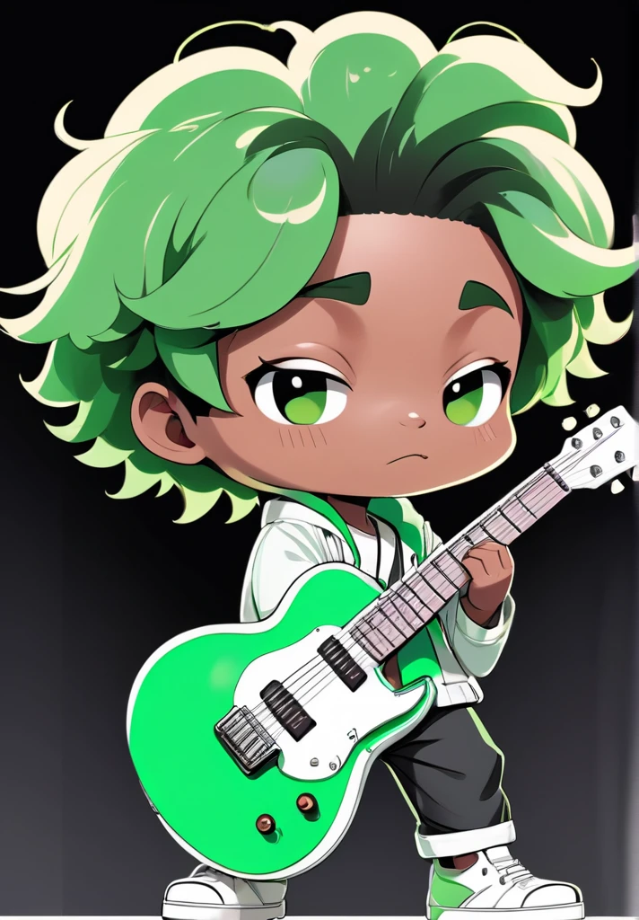 highres,best quality,natural,
Illustrator without black main lines, black contour lines, or black line drawings, flat and monochrome illustration, coloring similar to overseas animation, chibi character, full-body illustration, deformed illustration, boy holding a guitar with white and light green as precious colors, flat illustration, simple, minimalism, white background, afro haired