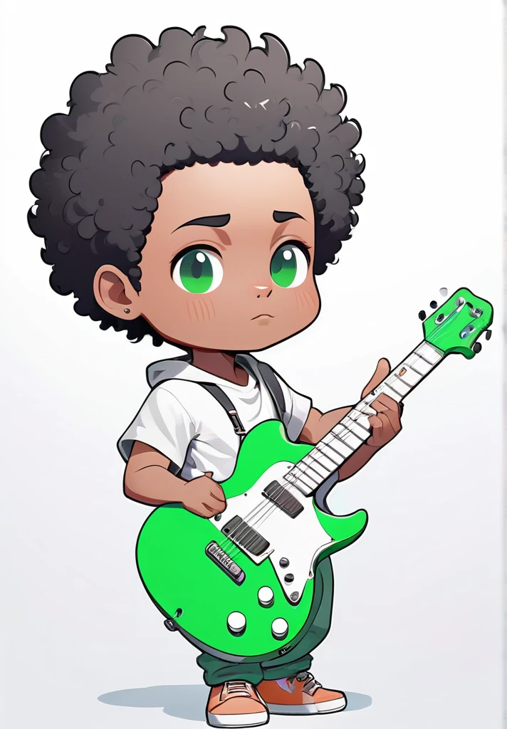highres,best quality,natural, 
Illustrator without black main lines, black contour lines, or black line drawings, flat and monochrome illustration, coloring similar to overseas animation, chibi character, full-body illustration, deformed illustration, boy holding a guitar with white and light green as precious colors, flat illustration, simple, minimalism, white background, afro haired