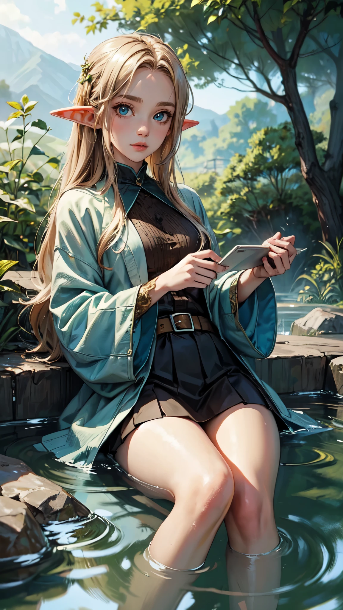 1 girl, (alone:1.3), ditch,((best quality)), ((masterpiece)), (detailed), perfect face, elf, young, hot spring, Outdoor activities, suit, holding one's legs, certainly(blue file), medium breasts, blonde hair, braid, folded ponytail, Headband,,sexy,detailed face, detailed eyes, detailed hands, elf woman, full body