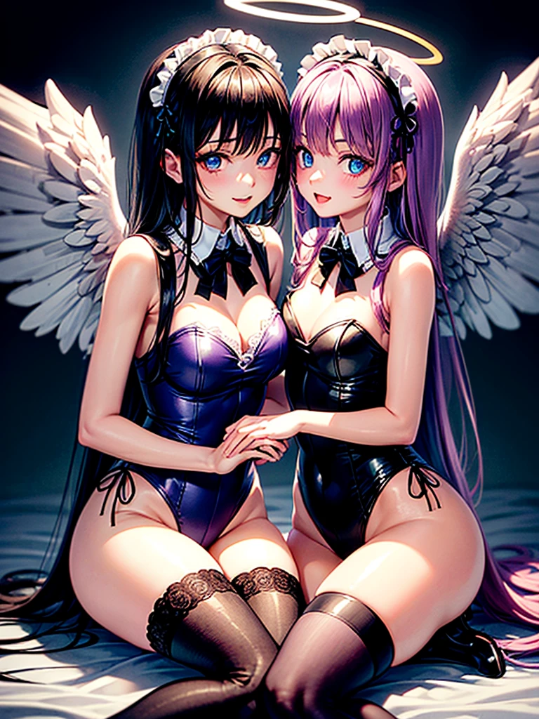 Highest quality,Highest Resolution,(((A beautiful girl with blue eyes, black hair and white angel wings on her back in a maid leotard)))and(((A beautiful girl with red eyes, purple hair, and black angel wings on her back in a gothic lolita leotard)))are kissing in a face-to-face sitting position,saliva,(((Halo))),smile,Frills,Knee-high stockings,Camera angle from a distance,