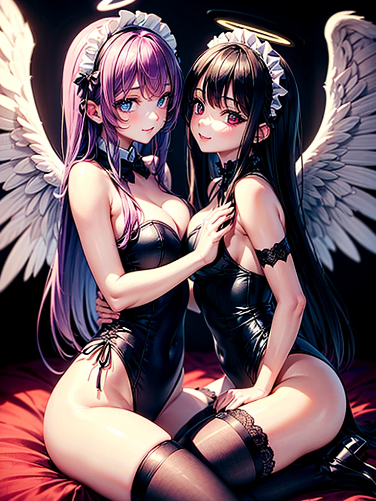 Highest quality,Highest Resolution,(((A beautiful girl with blue eyes, black hair and white angel wings on her back in a maid leotard)))and(((A beautiful girl with red eyes, purple hair, and black angel wings on her back in a gothic lolita leotard)))are kissing in a face-to-face sitting position,saliva,(((Halo))),smile,Frills,Knee-high stockings,Camera angle from a distance,