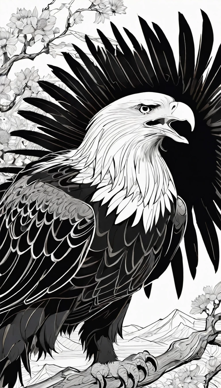 intricate and detailed black and white bald eagle line art on white paper, artwork