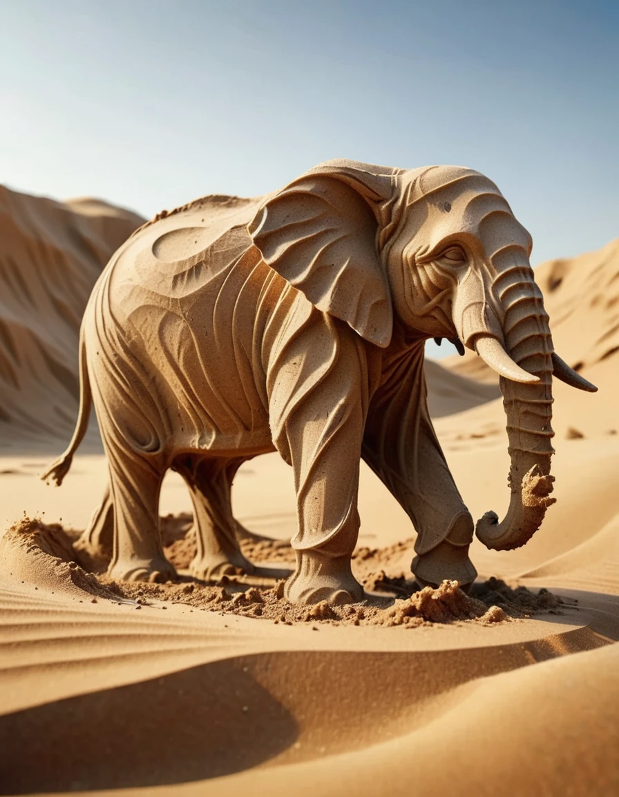 An elephant made of sand standing in a desert