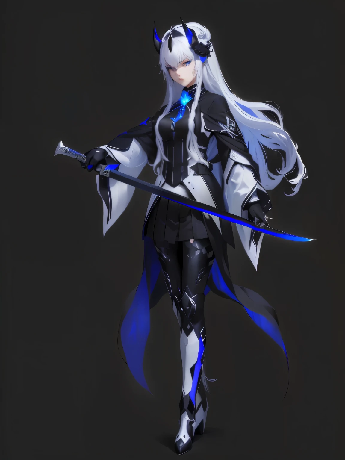 anime girl in black and white suit holding a sword, long white hair, blue eyes, black horns, serious look