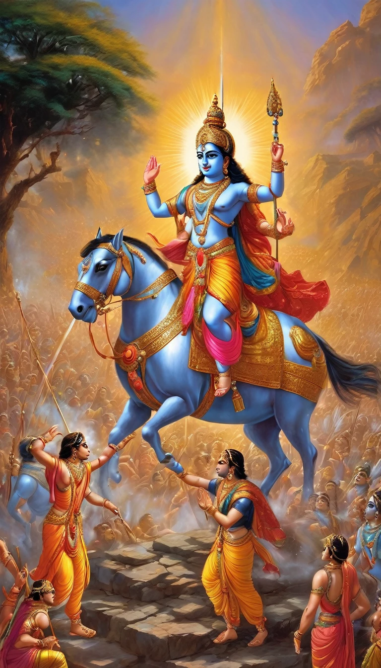 "Capture the profound moment from the Mahabharata where Lord Krishna reveals his Viswaroop (universal) form to Arjuna on the battlefield of Kurukshetra. Describe the awe-inspiring scene as Arjuna witnesses the cosmic splendor of Krishna, encompassing the entire universe within himself. Detail Arjuna's reaction as he humbly kneels before Krishna in reverence, overwhelmed by the divine manifestation. Highlight the emotional intensity and spiritual significance of this iconic encounter between mortal and deity amidst the chaos of war."