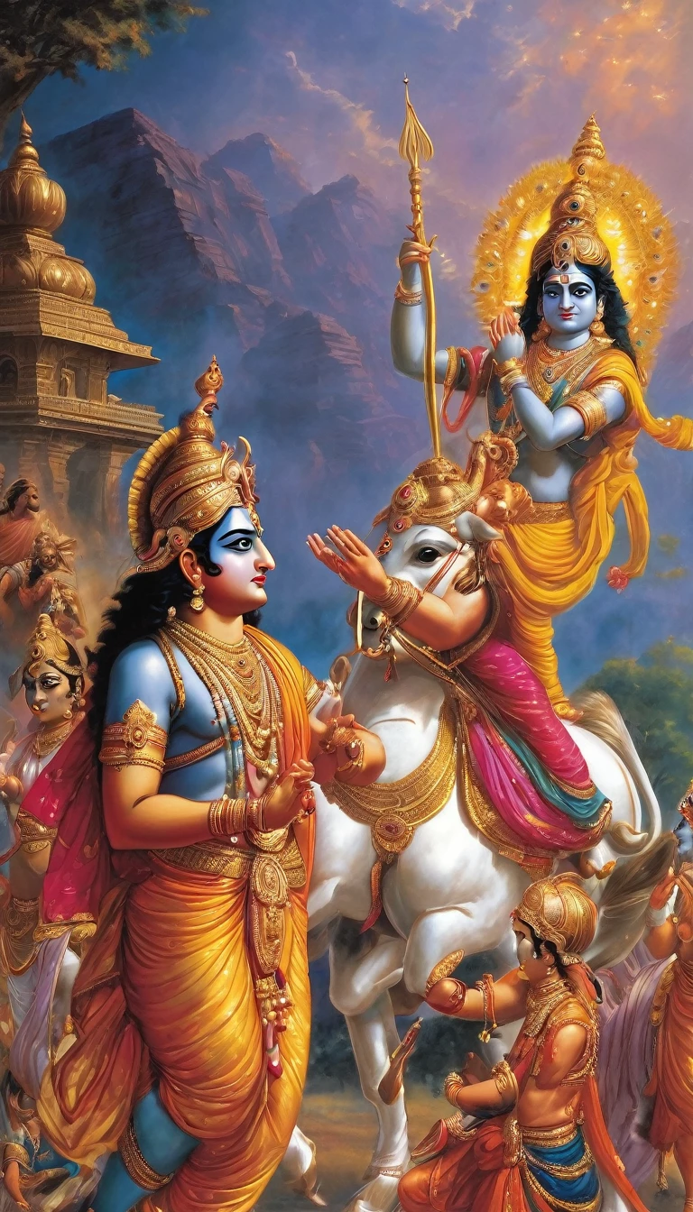 "Capture the profound moment from the Mahabharata where Lord Krishna reveals his Viswaroop (universal) form to Arjuna on the battlefield of Kurukshetra. Describe the awe-inspiring scene as Arjuna witnesses the cosmic splendor of Krishna, encompassing the entire universe within himself. Detail Arjuna's reaction as he humbly kneels before Krishna in reverence, overwhelmed by the divine manifestation. Highlight the emotional intensity and spiritual significance of this iconic encounter between mortal and deity amidst the chaos of war."