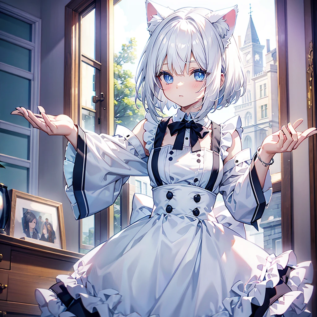 White hair, bob, light blue eyes, cat ears, maid outfit