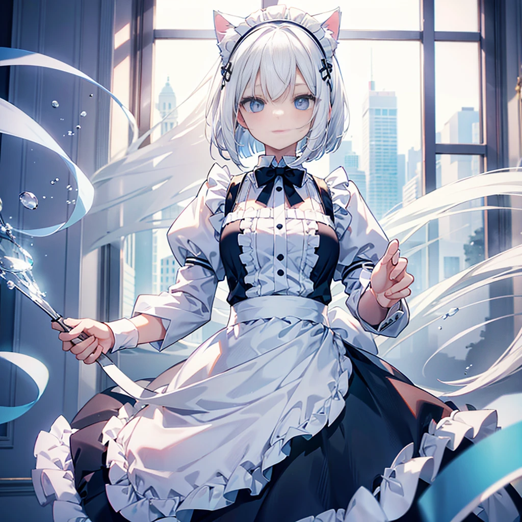 White hair, bob, light blue eyes, cat ears, maid outfit