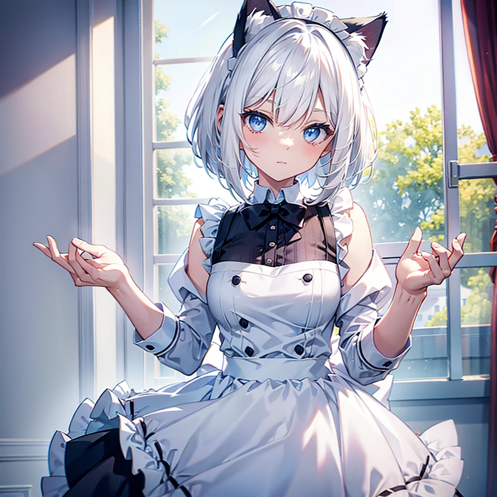 White hair, bob, light blue eyes, cat ears, maid outfit