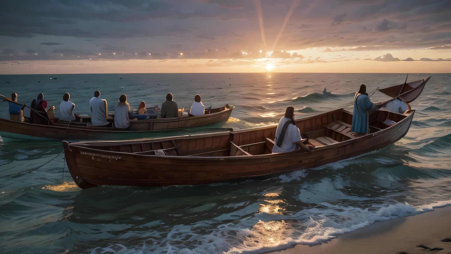 Jesus in a boat with his disciples, a large crowd on the seashore, A BEAUTIFUL SUNSET, paisaje