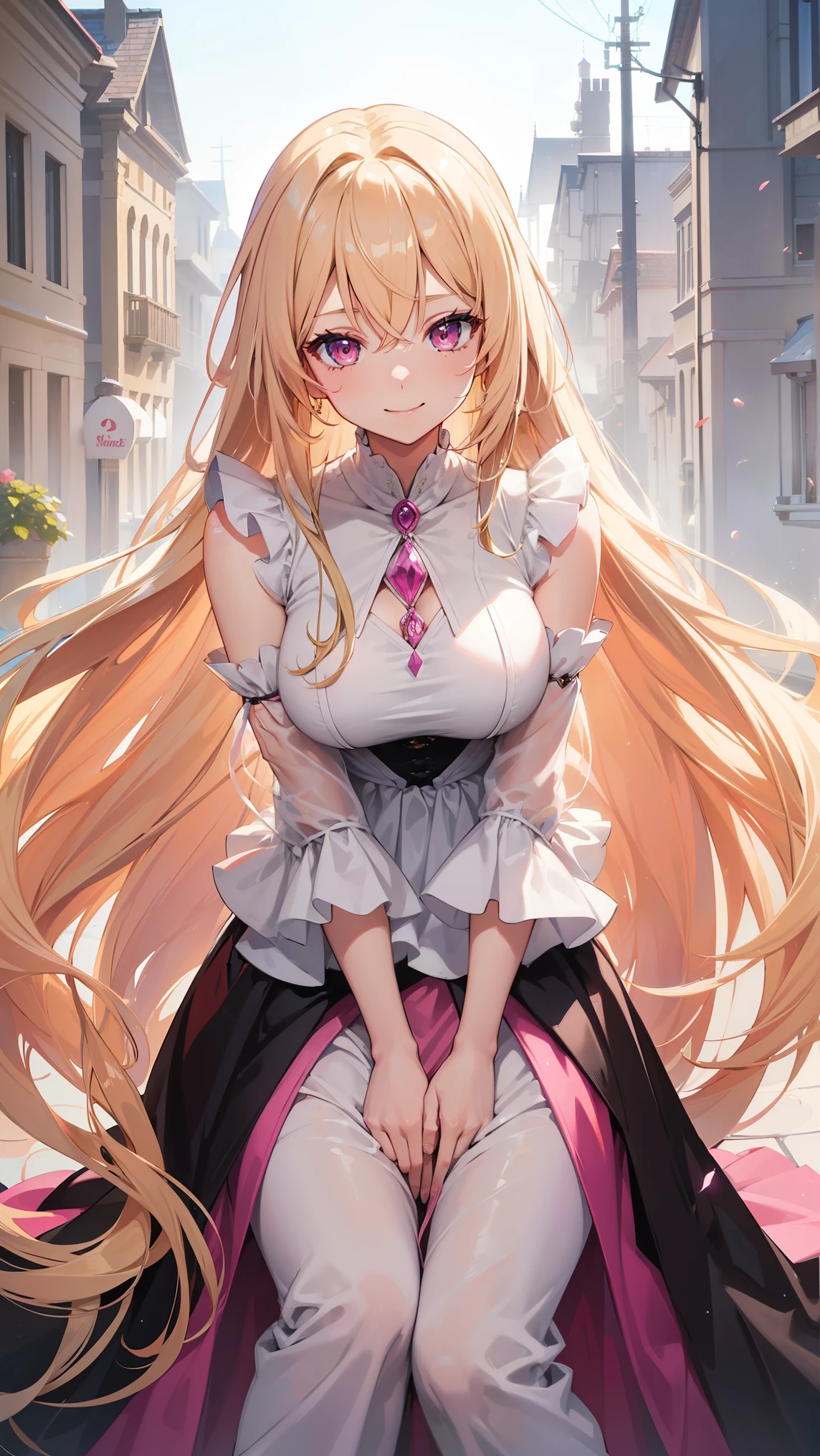 (((Adult woman))), long blonde hair, (Pink eyes), smile, magic dress