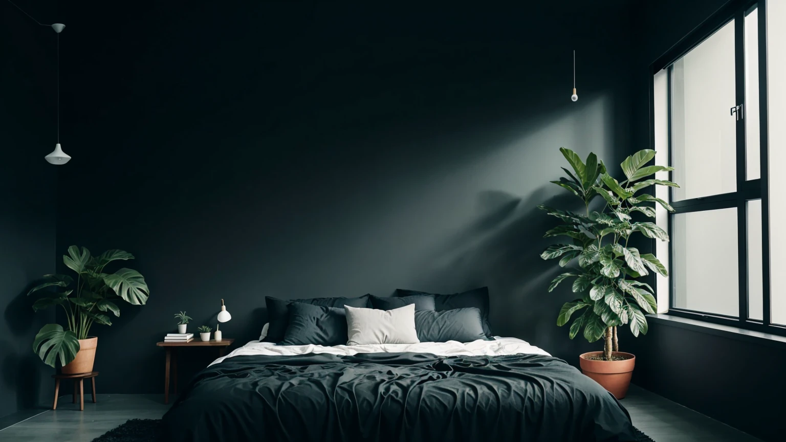 MINIMALIST BEDROOM WITH DARK HUES SOME PLANTS AT BACK IN LANDSCAPE MODE