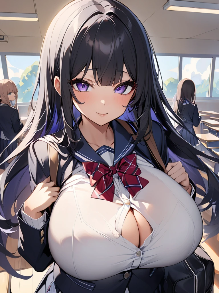 One woman、17 year old female、Huge breasts:1.1、sagging breast:1.1、high school girl、uniform、Black Hair、long hair、clear、Iris、Hold your bag in front of your body with both hands、classroom