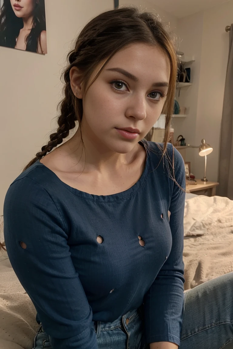 a young woman, in a blue top, full body , beautiful detailed eyes, beautiful detailed lips, wears long, Wears light brown tight jeans with holes in the jeans, her hair is braided, it is evening, , her hair is tied together, close up of face, takes a selfie of her face in her bedroom,