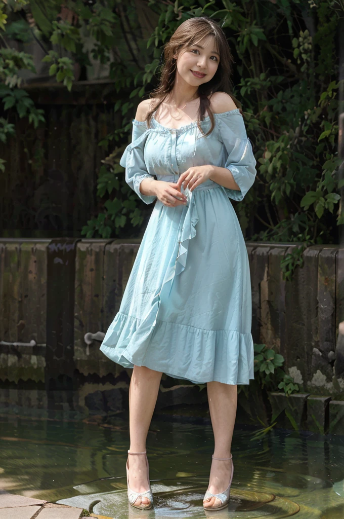 In a turquoise dress that perfectly complements her sky-blue shoes, a 25-year-old woman stands full-length, her dark hair cascading down her shoulders, framing a heart that she holds tenderly against her chest. Her serene smile blooms among a vibrant arrangement of red peonies and blue roses, with a sunlit waterfall cascading in the background, adding an element of tranquility and harmony to the scene. The image should be captured in hyper realistic detail and high resolution, reflecting the clarity and crispness of a professional photograph. Each petal of the peonies and each strand of her hair should be distinctly visible, the water, turn to forward, ultra realistic. cleare look image. ultra realistic face. award winning photograph, (Best quality, 8k, 32k, Masterpiece, UHD:1.3) , more details, ultra details, ultra quality, ultra realistic, ultra HD camera angle. free hand, real hand, real fingers, look forward.