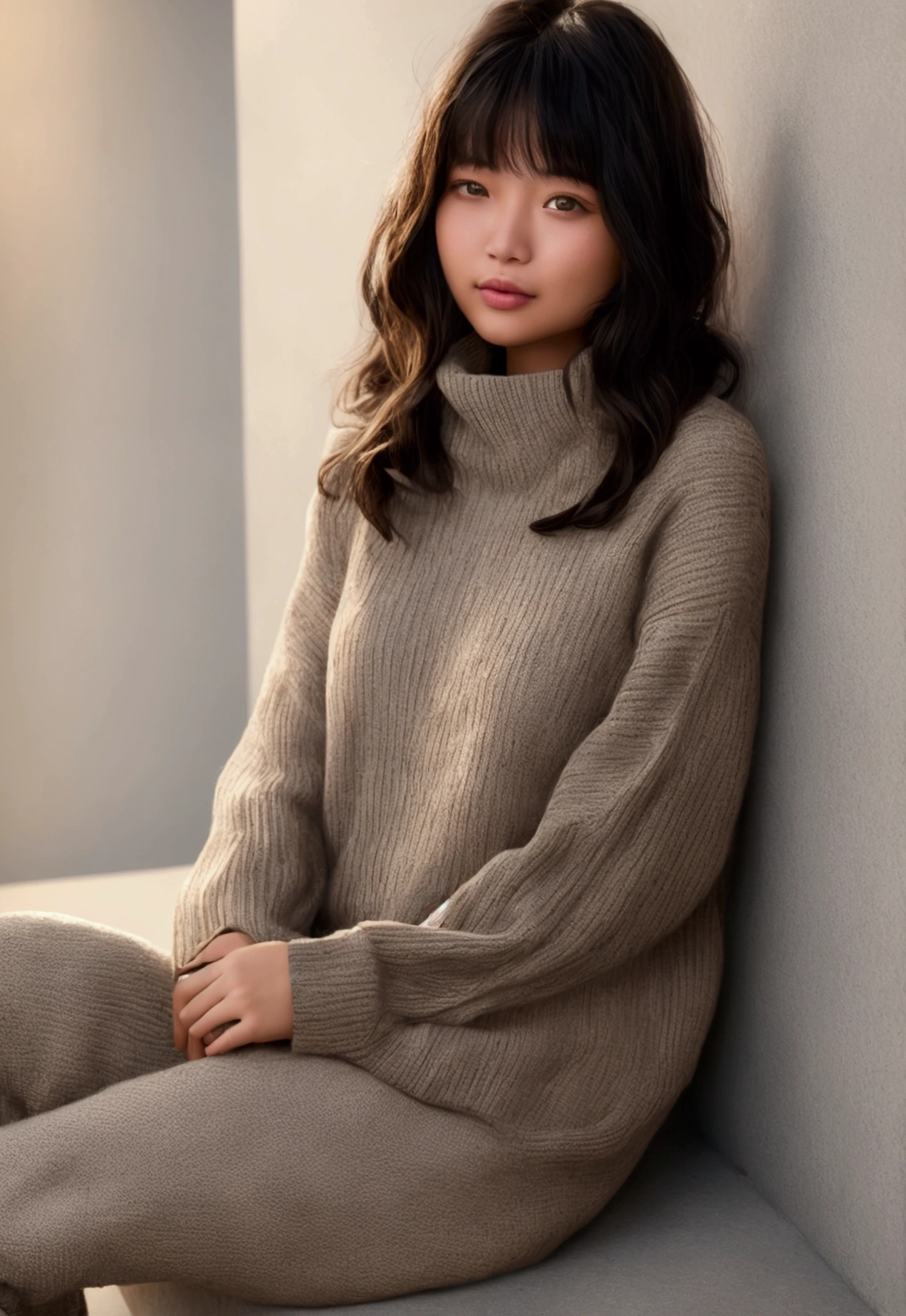 Beautiful American Chinese girl, with short bangs, long hair, 19 years, barely smiles, dull look; Loose dark gray turtleneck sweater. The sweater has a chunky knit collar, cuffs and hem, which adds texture and volume; Wide-leg light beige trousers. The trousers are made in a minimalist style and complement the overall relaxed and comfortable look.; 8K, Super Detail, Best quality, uhd, high detail, very detailed, masterpiece, ultra high definition