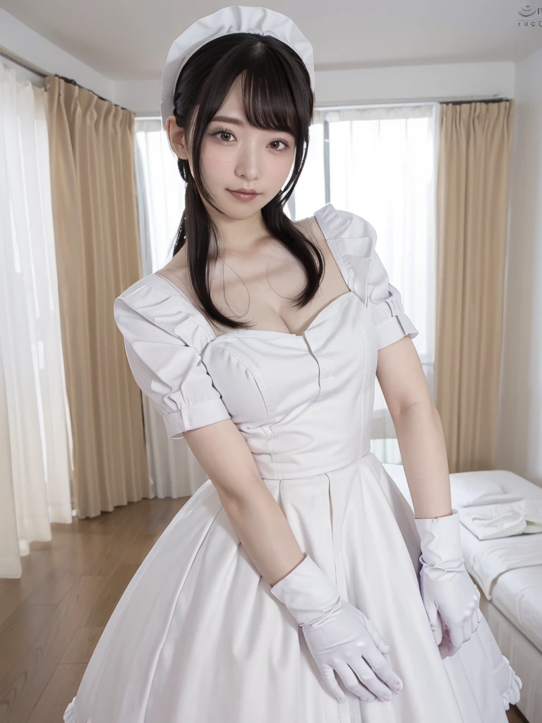 (Highest quality:1.9)、(High resolution)、Live-action image quality、((20-year-old woman、1 person))、Soft lighting by a professional photographer、Natural light、((Very spacious white luxurious room:1.6))、((Bright white room:1.6))、(Standing in front of a very luxurious white bed:1.2)、(White bookshelf background:1.1)、Natural soft light、((Black Hair Color:1.1))、Fair skin、Detailed Eyes、double eyelid、Slightly puffy cheeks、((Small Face:1.0))、(pink maid_cosplay, breasts, puffy short sleeves, puffy sleeves, short sleeves, maid headdress, chain, frills, white gloves, cowboy shot, large breasts, pointy hair, gloves,gothic, gothic maid)、(Cute Smile)、((Girly pose 1.8))、((Long curly hair:1.1))、((Full Body Shot:1.2))、((Height: 165cm))、Hands in front、Hold hands between legs、