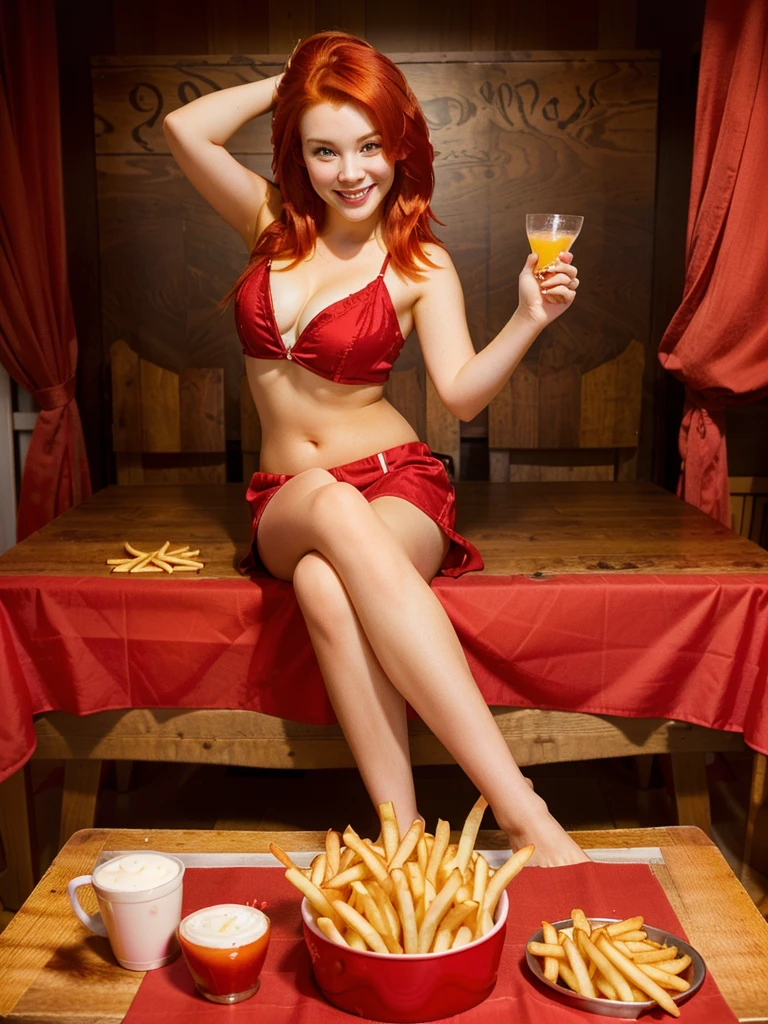 beautiful girl, bright red hair, fair skin, smiling, celebrating friesday with a table full of fries, fullshot