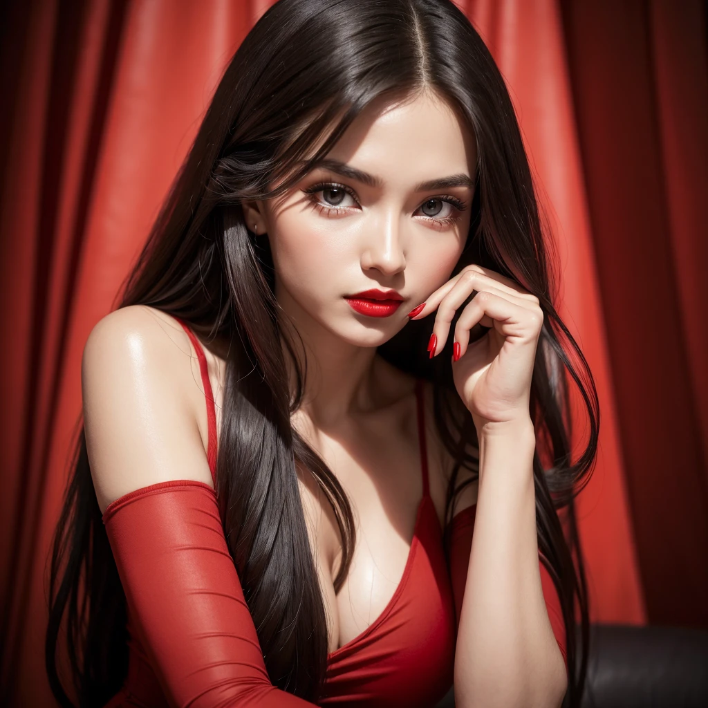 ((best qualityer)), ((work of art)), (detailded), 1 girl, redgown, Youngh, long hair, blackquality hair, eyes browns, glare eyes, athletic body, tight dress, skin fair, red nail polish, Red lipstick,