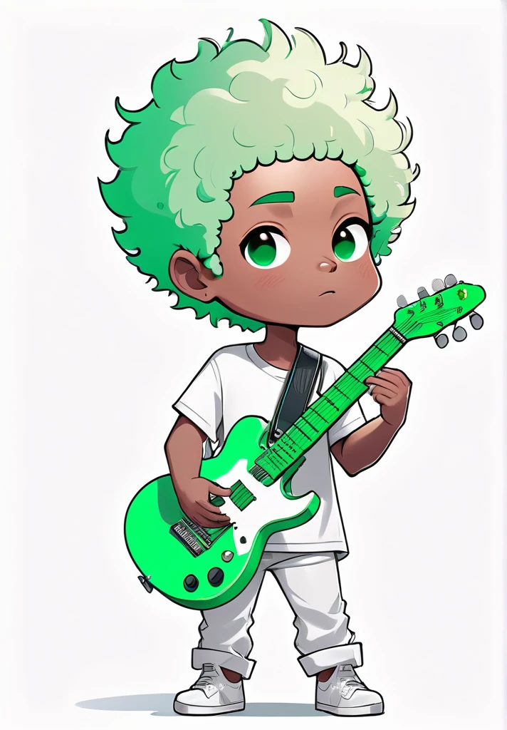highres,best quality,natural, 
Illustrator without black main lines, black contour lines, or black line drawings, flat and monochrome illustration, coloring similar to overseas animation, chibi character, full-body illustration, deformed illustration, boy holding a guitar with white and light green as precious colors, flat illustration, simple, minimalism, white background, afro haired, low fade