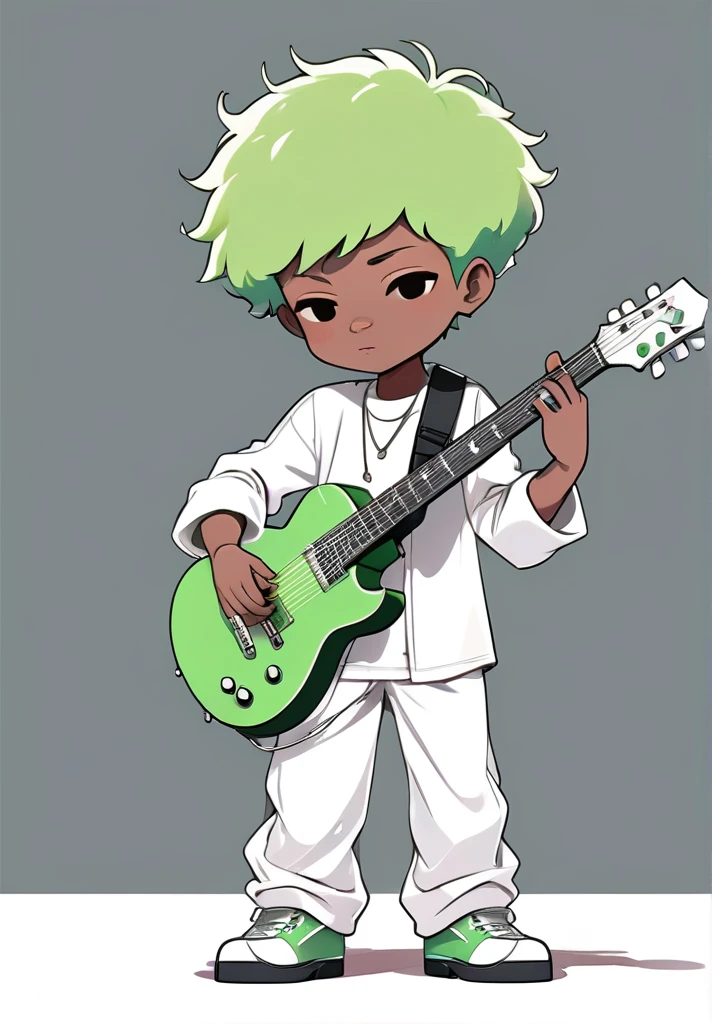 highres,best quality,natural,
Illustrator without black main lines, black contour lines, or black line drawings, flat and monochrome illustration, coloring similar to overseas animation, chibi character, full-body illustration, deformed illustration, boy holding a guitar with white and light green as precious colors, flat illustration, simple, minimalism, white background, afro haired, low fade
