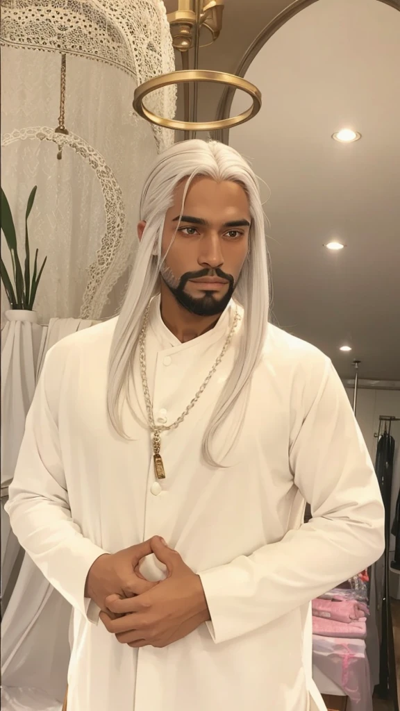 A dark man, with straight white hair, with beard, with white clothing set.