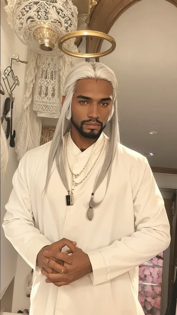 A dark man, with straight white hair, with beard, with white clothing set.