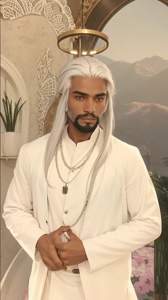 A dark man, with straight white hair, with beard, with white clothing set.