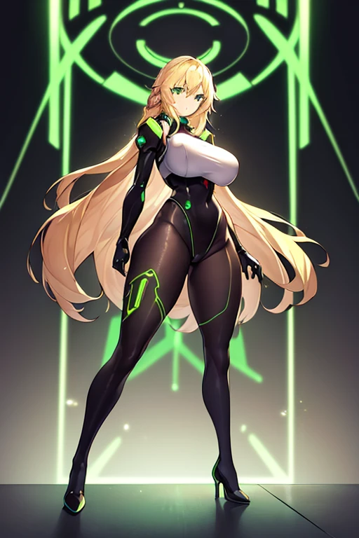 1girl, green eyes, blonde hair, long hair, large breasts, hourglass figure, bodysuit, white bodysuit, neon, neon trim, machinery, tech, science-fiction, futuristic, serious, standing, full body, ((full body)),, pantyhose, black pantyhose, wavy hair, fighting stance, drone, robot girl, gun