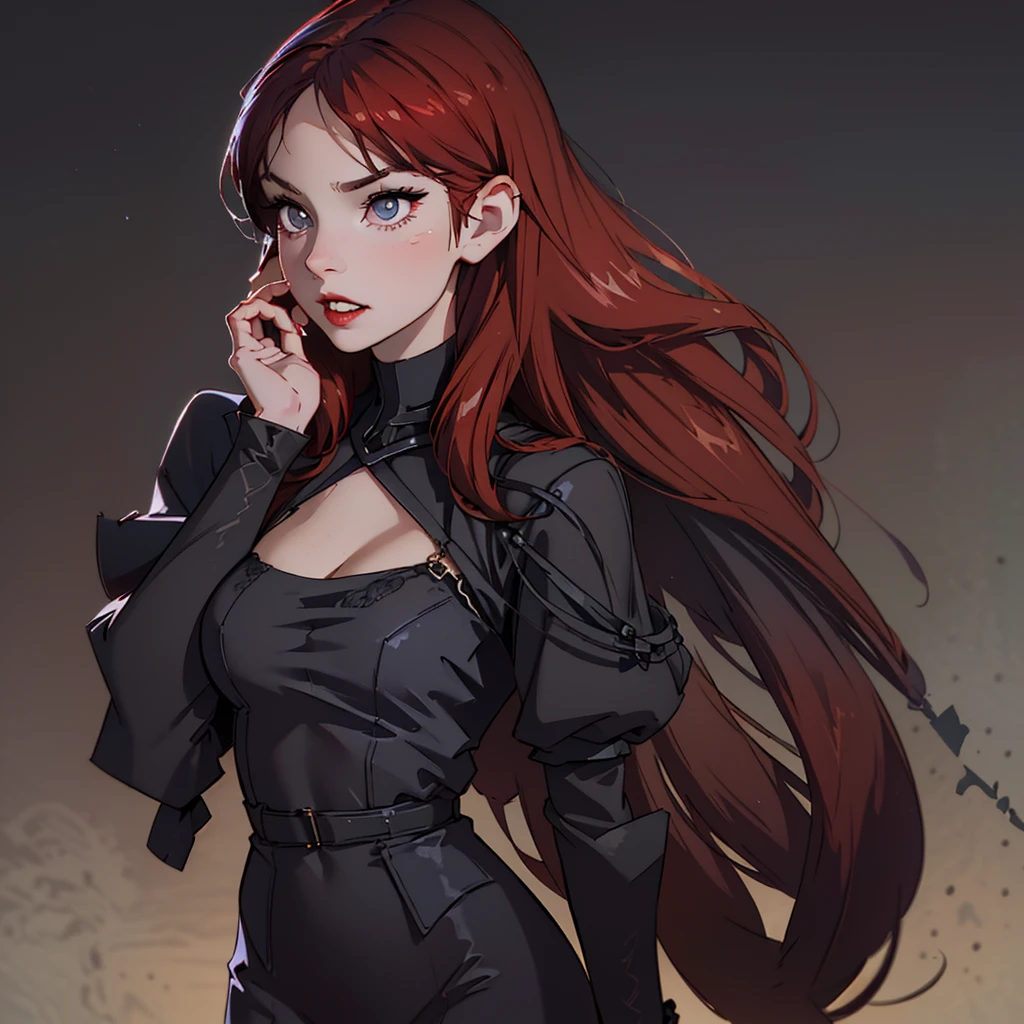 a young woman with pale skin, reddish eyes, thin almond-shaped eyes, light makeup, egyptian eyeliner, firm posture, tight long black dress with large sleeves covering hands, queen anne neckline, straight very long hair cascading down, sharp canines, red lips, roguish smile, serious expression, in a vampire mansion,(best quality,4k,8k,highres,masterpiece:1.2),ultra-detailed,(realistic,photorealistic,photo-realistic:1.37),dark fantasy,gothic,dramatic lighting,dramatic shadows,chiaroscuro,moody atmosphere,dramatic pose