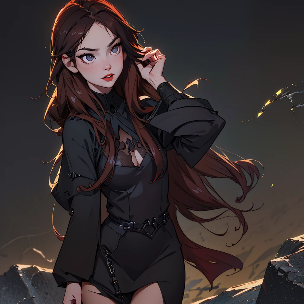 a young woman with pale skin, reddish eyes, thin almond-shaped eyes, light makeup, egyptian eyeliner, firm posture, tight long black dress with large sleeves covering hands, queen anne neckline, straight very long hair cascading down, sharp canines, red lips, roguish smile, serious expression, in a vampire mansion,(best quality,4k,8k,highres,masterpiece:1.2),ultra-detailed,(realistic,photorealistic,photo-realistic:1.37),dark fantasy,gothic,dramatic lighting,dramatic shadows,chiaroscuro,moody atmosphere,dramatic pose