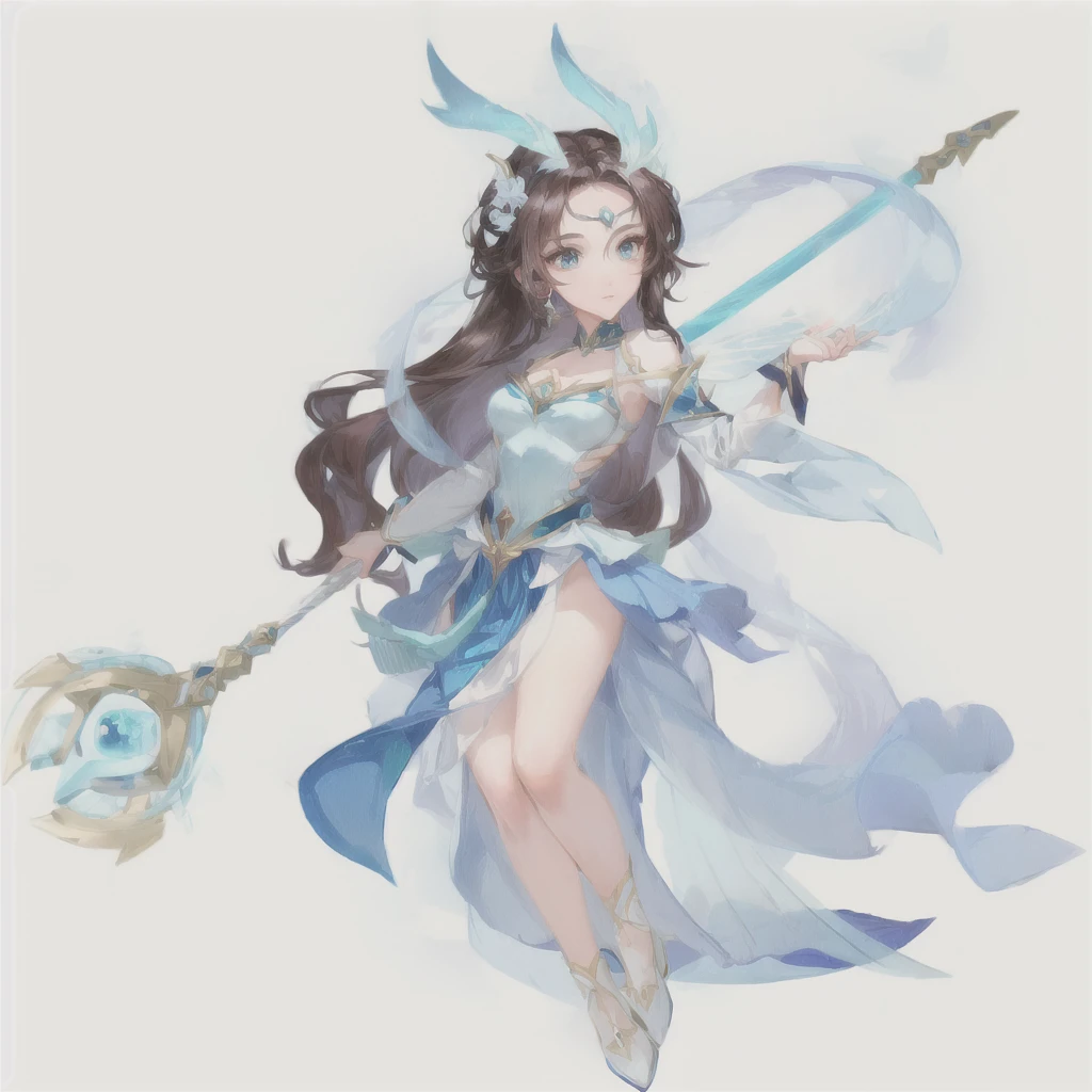 A man holding a sword、Cartoon image of a woman in a blue dress, Beautiful celestial magician, Zodiac Knight Girl, Maya Ali as the Wind Mage, portrait Zodiac Knight Girl, Epic Mage Girl Character, Ice Witch, Anime Goddess, Full body fairy, Duelist Style, Moon Goddess, Beautiful young wind elf, A complete portrait of an elementalist