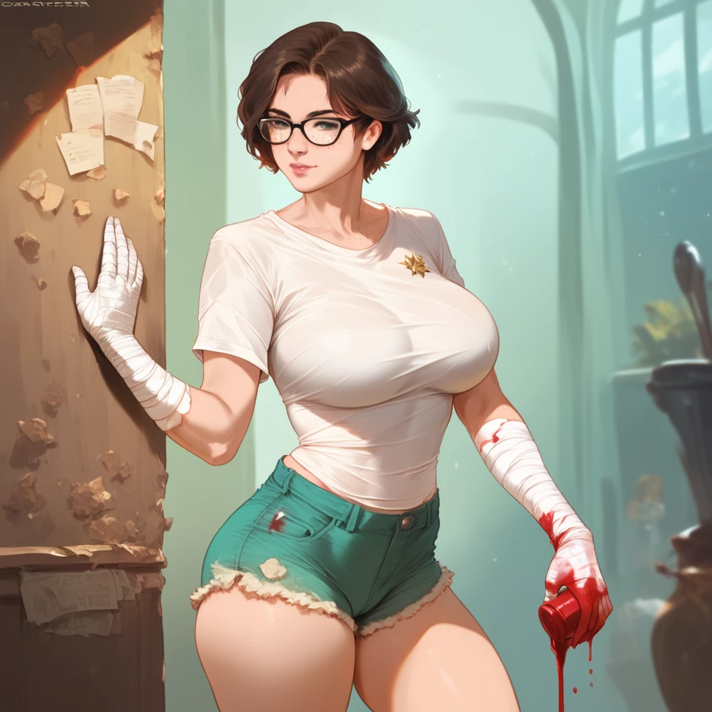 mixed_artstyle, ((Best quality)), ((masterpiece)), (detailed: 1.4), beautiful woman, healed, defined body, bandaged hands, fighter, bad sycatres, glasses, short hair, freckles, garbage clothes, short shorts, ink, (solo), realistic,((masterpiece)), (best quality), (detailed), (1 girl), large breasts, sexy, thicc, realistic, textures, 8K, perfect hand, perfect anatomy, Profile, visible curves, Breasts,