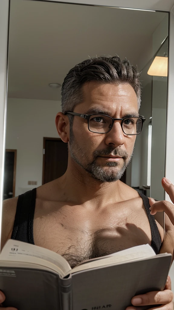 Man 40 years old looking at big mirror, grey hair, small beard, reading square eye glasses, 