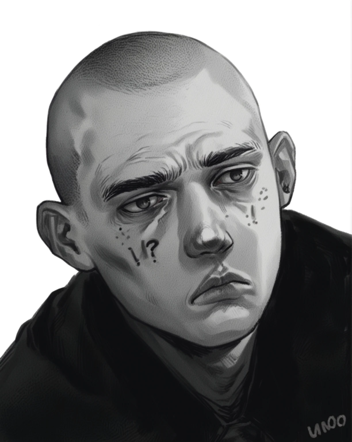 punctuation_9, punctuation_8_High above, punctuation_7_High above, punctuation_6_High above, punctuation_5_High above, punctuation_4_High above,  c0l0ursk3tch, 1 boy, outline, skinny, shaved head, dark circles, huge scar covering one side of the face 