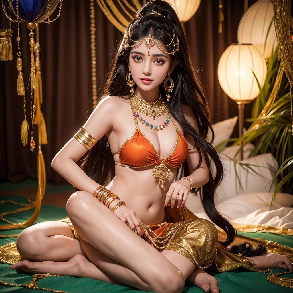 a painting of a woman in a Indian tricolour flag bikini with gold jewelry, indian Actress of wealth, indian Actress, a stunning full body of a Actress, full body of a beautiful Actress, 3 d Actress radha full body, full body painting of radha rani, beautiful character painting, inspired by Shri Radha rani, Actress radha, Shri Radha, traditional female hairstyles, Actress full body, beautiful avatar pictures, Actress close-up full body 
