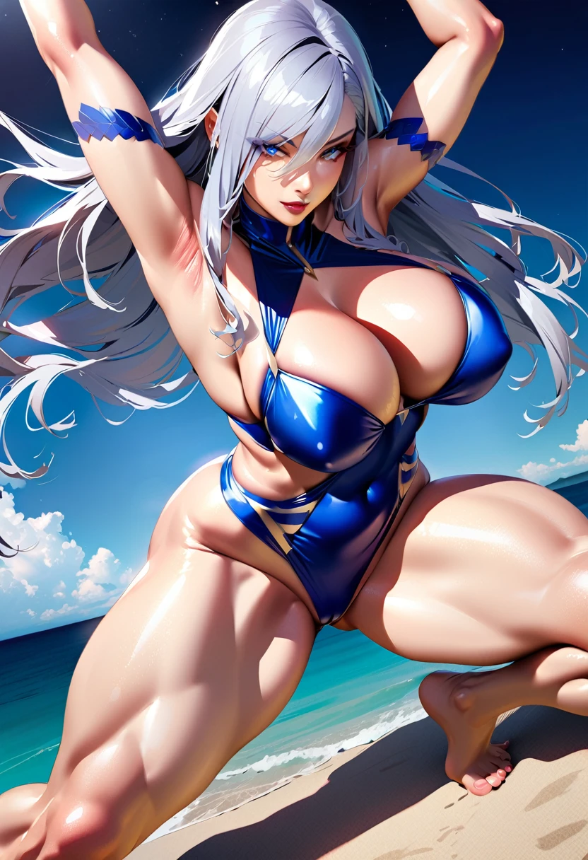 One girl, ig model, taimanin, Eleonora, Fairy, Action pose, Raise the hand, Put your arms behind your head, Gray Hair, Long Hair, blue eyes, Beautiful Eyes, Lewd face, sexy, Cleavage, Underarm, Large Breasts, Wide Hips, Thick thighs, muscle, Realistic, Ray Tracing, sand漠, sand, night, performer, moon, cloud, Huge breasts:1.3, Curved body, Breast Size,
